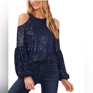 CeCe Women's Sequined Long Sleeve Cold-Shoulder Blouse XS NWT